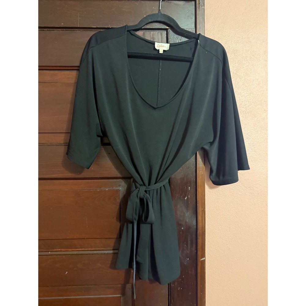 Deletta‎ Anthropologie Womens Black V-Neck Tie Waist Dolman Sleeve Tunic Top S